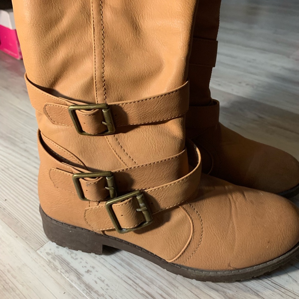 Tan calf height boots